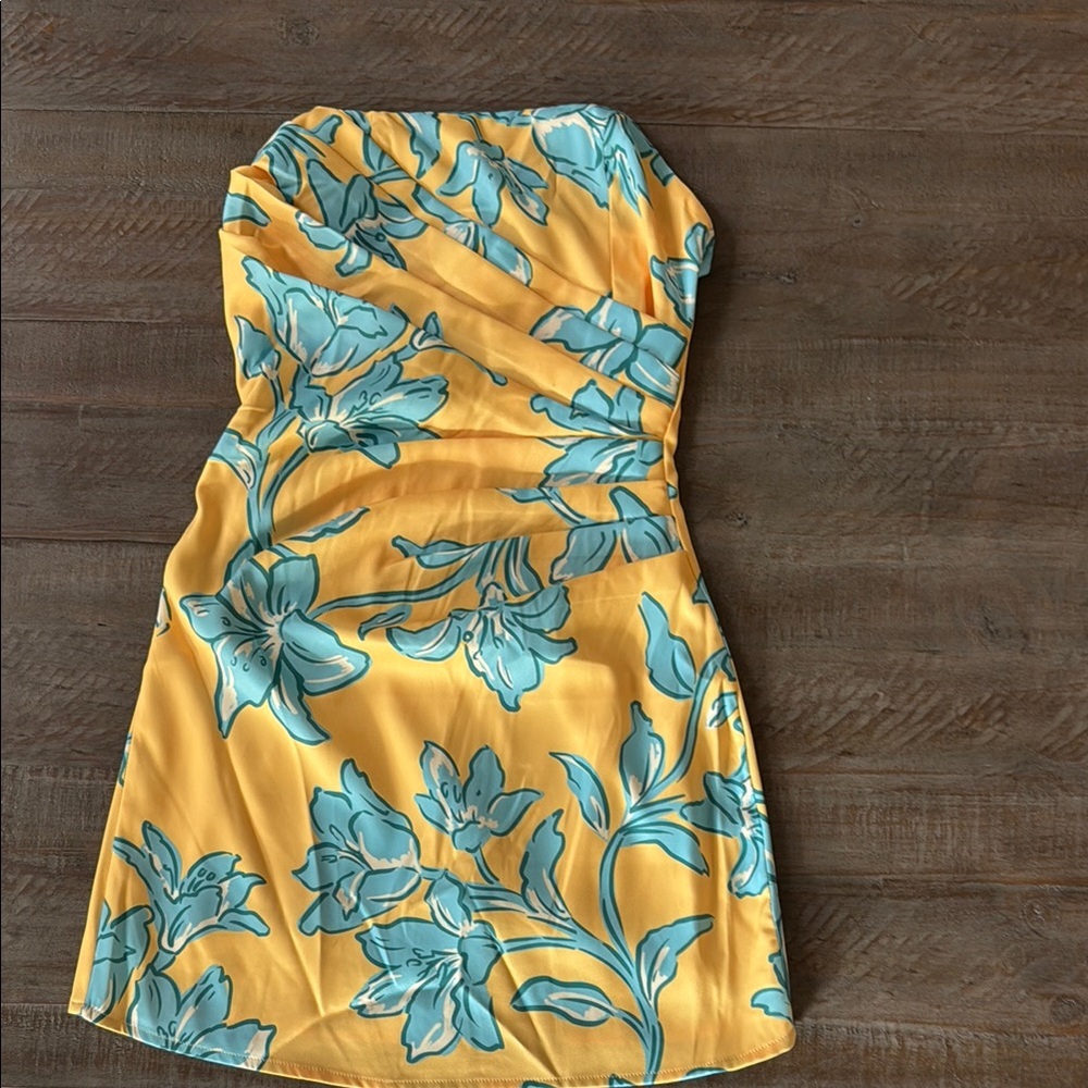 Yellow and blue Ruched strapless mini dress from Peppermayo.